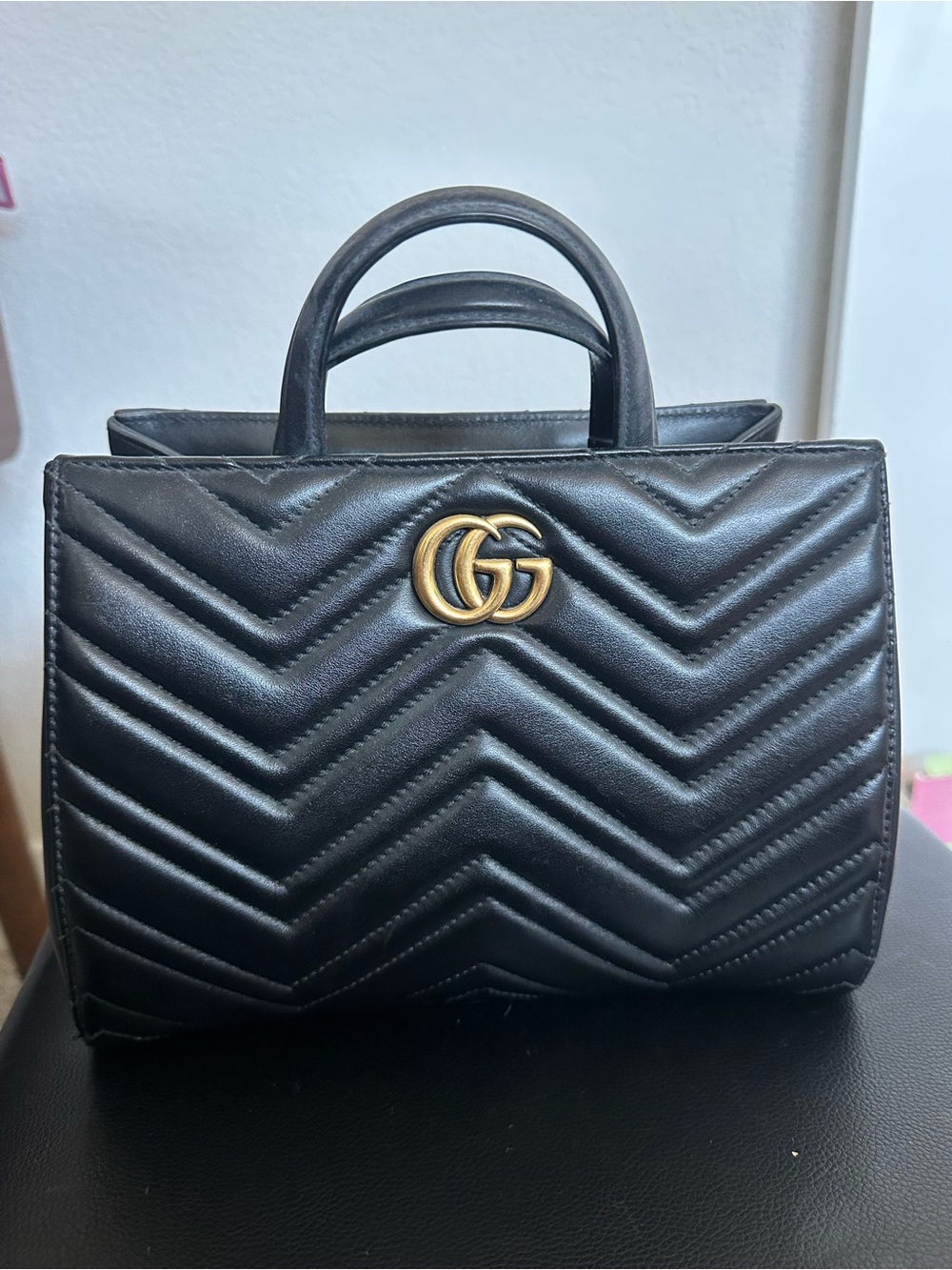 Gucci Black Chevron Top Handle Satchel with Gold GG